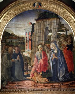 聖ベルナルドと聖トーマス・アクィナスのキリスト降誕 - 絵画 作： Francesco di Giorgio Martini