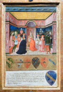 甥フランチェスコ・テデスキーニ・ピッコロミーニを枢機卿に任命するピウス2世 1485-90年頃 テンペラ・金・パネル 作： Francesco di Giorgio Martini