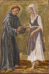 フランチェスコ・ディ・ジョルジョ・マルティーニ（1439-1501）による聖フランシスと貧困夫人の聖なる交換。 パネル上のテンペラ 作： Francesco di Giorgio Martini