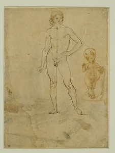 立っている裸の若者、幼いイエス、右を向いている女性の肖像画。