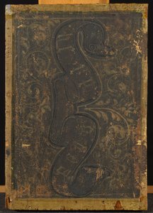 文字と花をモチーフにした巻物付き受胎告知二連祭壇画の裏面 作： Francesco di Stefano Pesellino