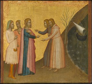 ActeusとEugenius Implore聖ヨハネ福音伝道者、彼らの富を回復するため、c.1370-1380（テンペラとパネル上の金箔） 作： Francescuccio Ghissi