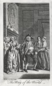 ウィリアム・コングリーブ（1670-1729）作『世の習い』の一場面。1700年3月、リンカーンズ・イン・フィールズでフランシス・ヘイマンが描いた絵をチャールズ・グリニョンが彫ったもの。イギリス 作： Francis (after) Hayman