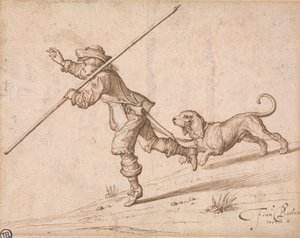Homem caçando com um bastão pontiagudo e um cão de caça 作： Francis Barlow