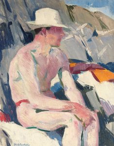 白い帽子をかぶる（パネルに油を塗る） 作： Francis Campbell Boileau Cadell