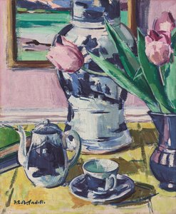 チューリップとイオナのある静物 作： Francis Campbell Boileau Cadell