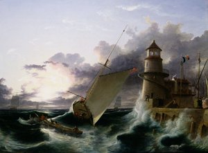 灯台のそばの船、去っていくスコール（油彩・キャンバス 作： Francis Danby