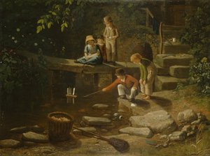 小さなボートをセーリングする少年（パネルに油を塗る） 作： Francis Danby