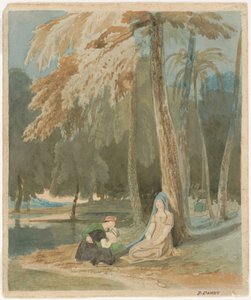樹木が茂った湖のほとりに座る 3 人の女性 作： Francis Danby