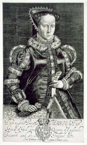 トマス・ホンガーの嘆願書を持つメアリー1世（1516-58）の肖像、画家が彫ったもの、コンプトン・ホランドが出版したもの（エングレーヴィング） 作： Francis Delaram