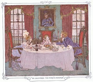 彼は妖精のメッセージを伝えた（1940年頃、Warne  Co社発行の『The Magic Fishbone』より）。