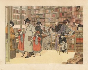 ヴィクトリア朝の書店の客。エドワード・ヴェラール・ルーカスの『The Book of Shops』からフランシス・ドーキン・ベッドフォードのイラストをもとにしたクロモリトグラフ。