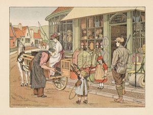 村の鉄工所、ヘンリー・フープのヴィクトリア朝の家族。エドワード・ヴェラール・ルーカスの『The Book of Shops』より、フランシス・ドンキン・ベッドフォードのイラストをもとにしたクロモリトグラフ。