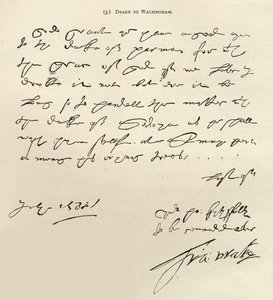 サーフランシスドレイクからサーフランシスウォルシンガムへの手紙は、1888年の「レジャーアワー」に掲載された1588年7月29日の署名（紙にインク） 作： Francis Drake