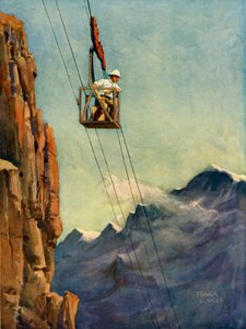「山岳ロープウェイで働くエンジニア」、1930 年頃。 作： Francis E Hiley