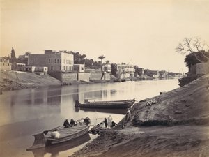カイロのナイル川のほとり。 1857年、1870年代に印刷。 作： Francis Frith