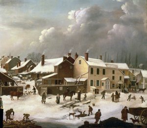 ブルックリンの冬景色、通りと郵便局の詳細、c.1817-20（84498の詳細） 作： Francis Guy