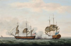 東インド会社の船ブリッジウォーターは、1779年3月8日にセントヘレナからイギリスに向かう途中のアメリカの民間人ハンプデンによる攻撃から貨物を防御することに成功しました。 作： Francis Holman
