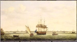 1775年頃、ノーフォークのグレートヤーマス沖のアンカーにあるフリゲート「サプライズ」
