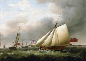 ユニオン・ジャックの旗を掲げた船 "フライ "と他の船、ダウンズの南（イギリス）。キャンバスに油彩 作： Francis Holman