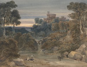 前景に城、滝、小川のある風景 作： Francis Oliver Finch