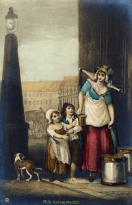 牛乳を売るロンドンの商売女「メイドさん、牛乳は下です！」。 作： Francis Wheatley