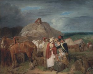 軍事キャンプの近くでリボンを売る田舎の女性と兵士 作： Francis Wheatley