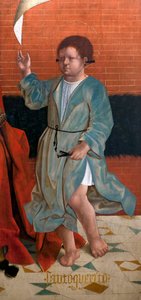 Saint Cyr -detail of Our Lady of Grace, Saint Juliet and Saint Cyr, フランシスコ・ヘンリケス（1506年から1518年の間に活躍したフランドルの画家）による絵画、木に油彩、1508年から1512年頃、サン・フランソワ・デ・エヴォラの側面礼拝堂より（St Cyr, detail, by Francisco 作： Francisco (attr.to) Henriques