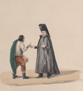 ペルーの衣装を描いたデッサン群から、男性に十字架を手渡すカノン（1848年 作： Francisco