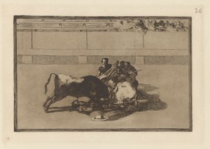 Caida de un picador de su caballo bajo del toro (ピカドールは馬を抜かれて雄牛の下に落ちる)、「ラ タウロマキア」のプレート 26 作： Francisco de Goya