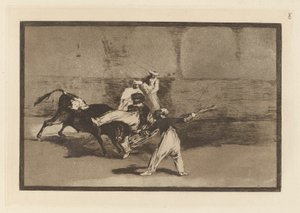 リングで雄牛に捕らえられたムーア人、『ラ・タウロマキア』のプレート 8 作： Francisco de Goya