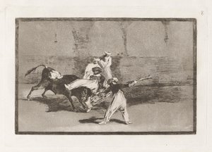 リングで雄牛に捕らえられたムーア人、『ラ・タウロマキア』のプレート 8 作： Francisco de Goya