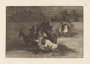 二匹のラバにつながれた馬車で戦う、La tauromaquia のプレート G (第 3 版) 作： Francisco de Goya