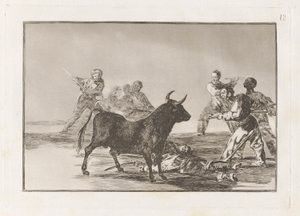 The Rabble Hamstring the Bull with Lances, Sickles, Banderillas and Other Arms, Plate 12 from 闘牛 作： Francisco de Goya