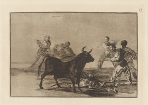 The Rabble Hamstring the Bull with Lances, Sickles, Banderillas and Other Arms, Plate 12 from 闘牛 作： Francisco de Goya