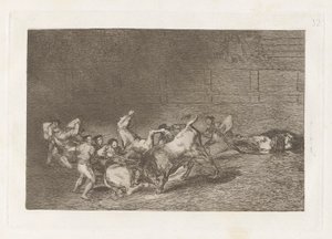 単一の雄牛によって次々に投げられるピカドールの2つのチーム 作： Francisco de Goya