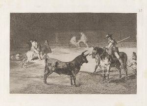 El c?lebre Fernando del Toro, barilarguero, forceing the beast with hispole (The Celebrated Picador, Fernando del Toro, Draws the Fierce Beast on his Pique), Plate 27 from La tauromaquia 作： Francisco de Goya
