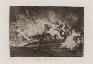 彼らは炎の中を逃げる、『戦争の惨事』のプレート 41 作： Francisco de Goya