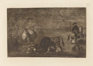 雄牛の上で解き放たれた犬たち、La tauromaquia のプレート C (第 3 版) 作： Francisco de Goya