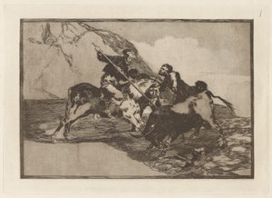 古代スペイン人はどのように雄牛を狩ったのですか? 野原の馬（古代スペイン人が野原で馬に乗って雄牛を狩る方法）、ラ・タウロマキアのプレート1 作： Francisco de Goya