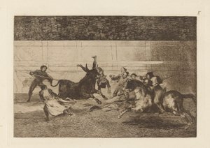 The Death of Pepe Illo (ペペ イッロの死、第 2 構成)、The Bull Maquia (第 3 版) のプレート E 作： Francisco de Goya