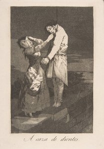 ロスカプリチョスのプレート12：歯を探して狩るA caza des dientes。、1799。 作： Francisco de Goya