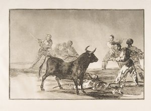 タウロマキアのプレート12：群衆は槍、鎌、帯などで雄牛をハムストリングで囲みます、1816年。 作： Francisco de Goya