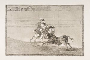 「タウロマキア」のプレート 13: 短い槍を壊す土俵に乗ったスペイン騎馬騎士 ..., 1816. 作： Francisco de Goya