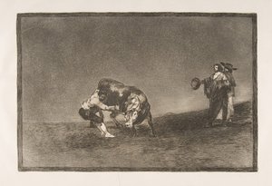 タウロマキアのプレート16：同じ男がマドリードでリングに雄牛を投げます。1816年。 作： Francisco de Goya