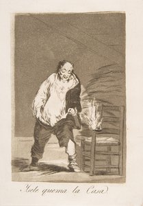 「ロス カプリチョス」のプレート 18: そして彼の家は火事になっています。Ysele quema la Casa., 1799. 作： Francisco de Goya