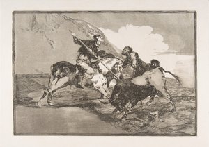 タウロマキアのプレート1：古代スペイン人が馬を雄牛で狩る方法、1816年。 作： Francisco de Goya
