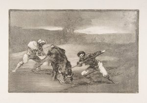 タウロマキアのプレート2：徒歩での狩猟の別の方法、1816年。 作： Francisco de Goya