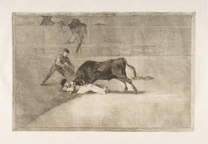 タウロマキアのプレート33：マドリードのリングにいるペペイッロの不運な死、1816年。 作： Francisco de Goya