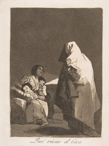 ロスカプリチョスのプレート3：1799年のボギー男、ココが来る。 作： Francisco de Goya